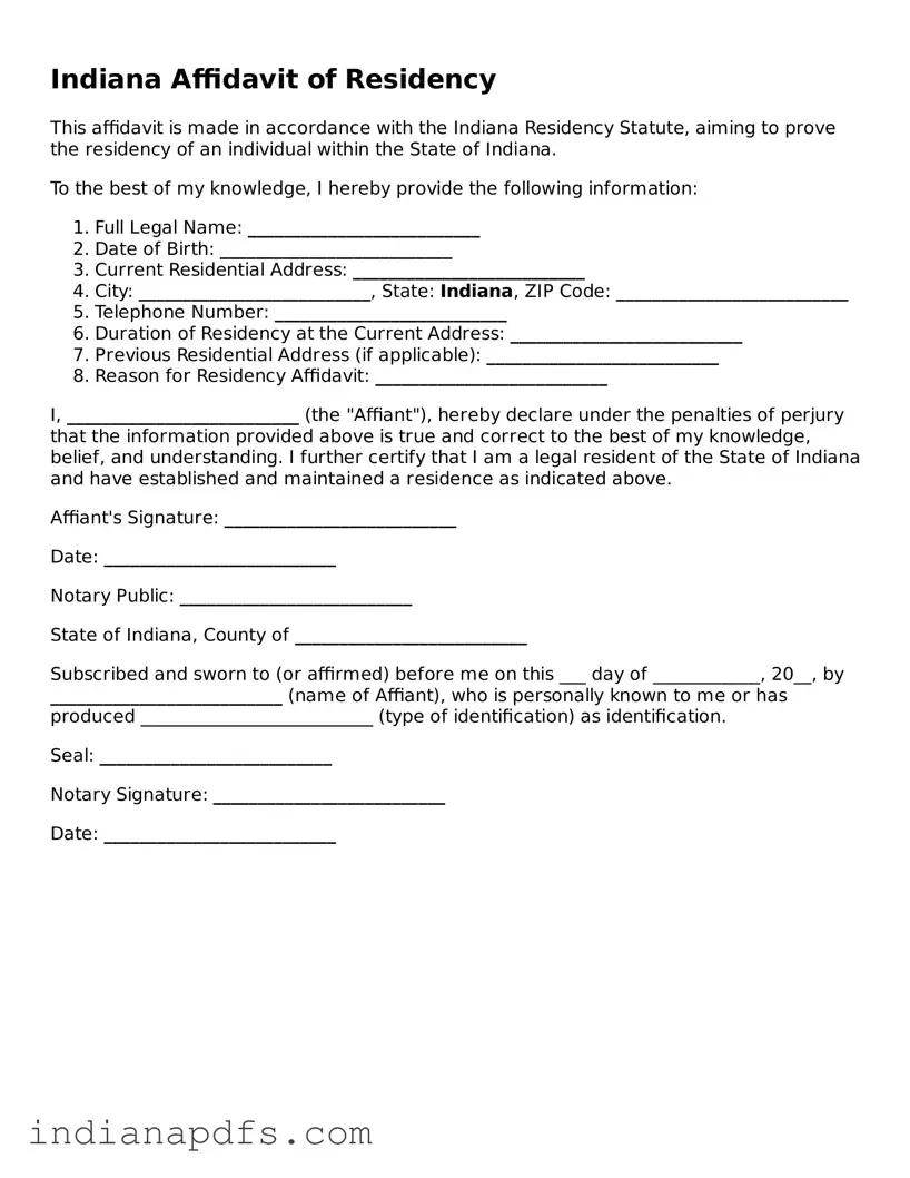 Printable  Affidavit of Residency Document for Indiana