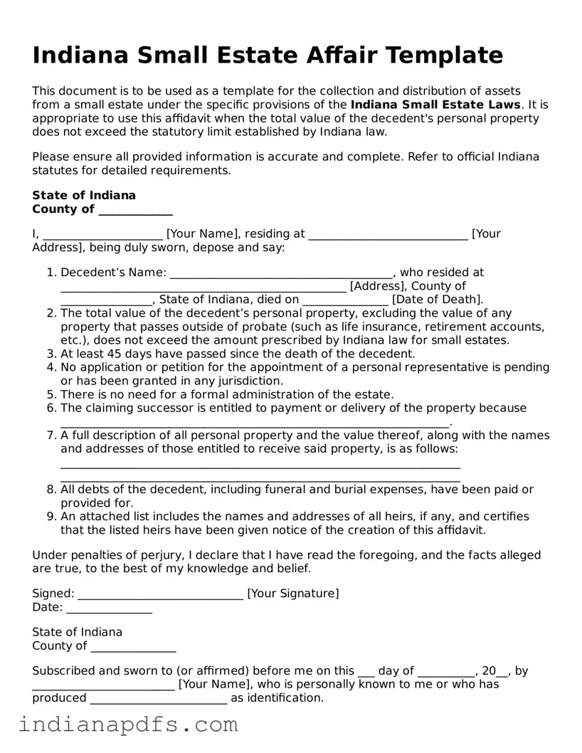 Printable  Small Estate Affidavit Document for Indiana