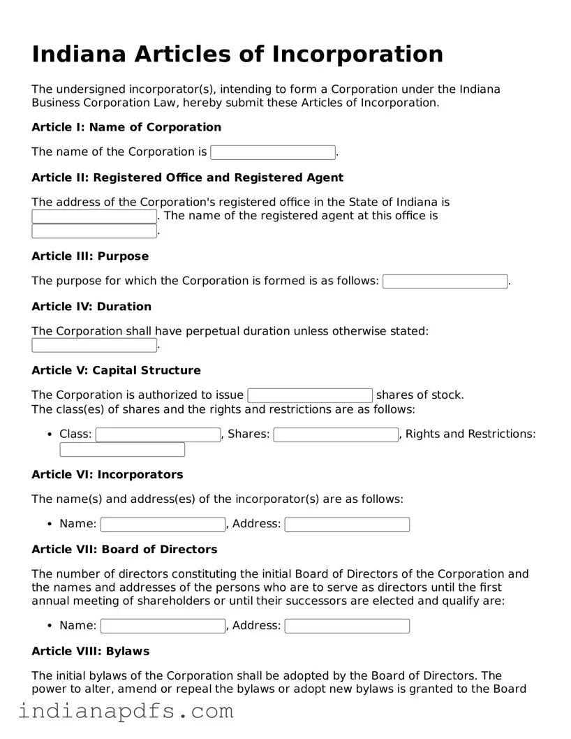 Printable  Articles of Incorporation Document for Indiana