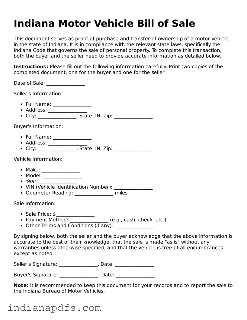 Printable  Motor Vehicle Bill of Sale Document for Indiana