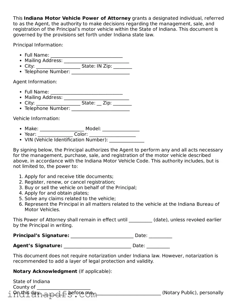 Printable  Motor Vehicle Power of Attorney Document for Indiana