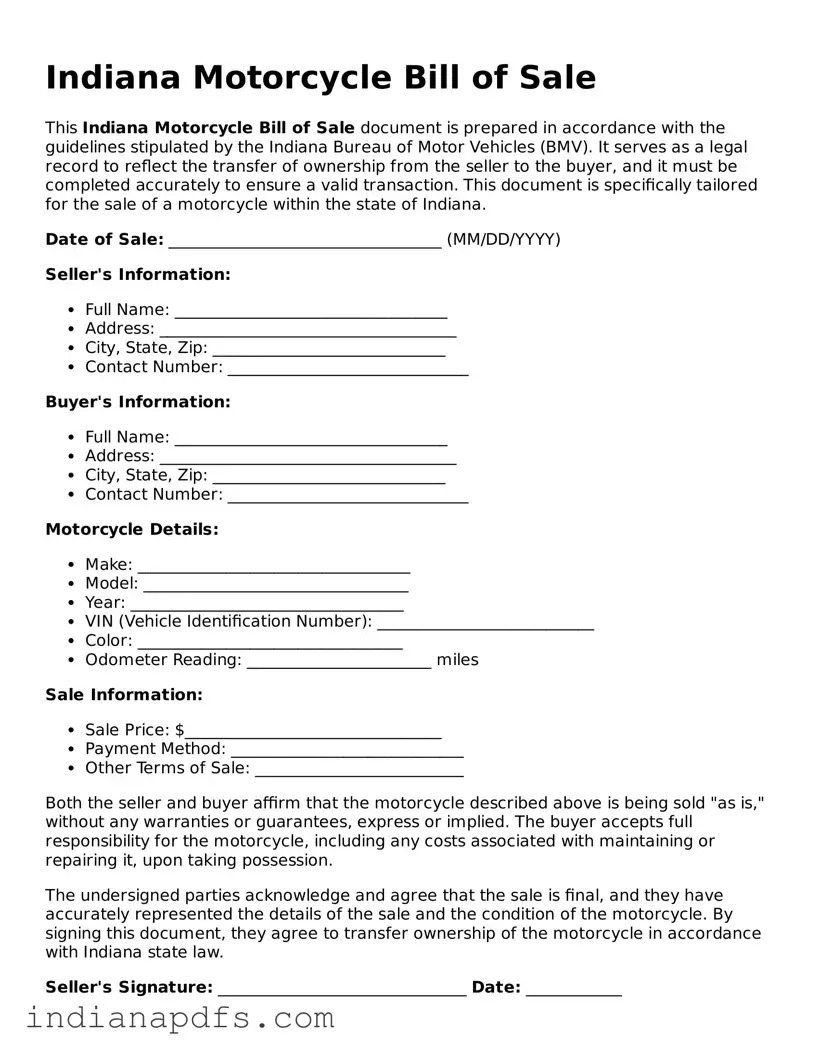 Printable  Motorcycle Bill of Sale Document for Indiana