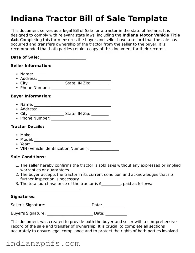 Printable  Tractor Bill of Sale Document for Indiana