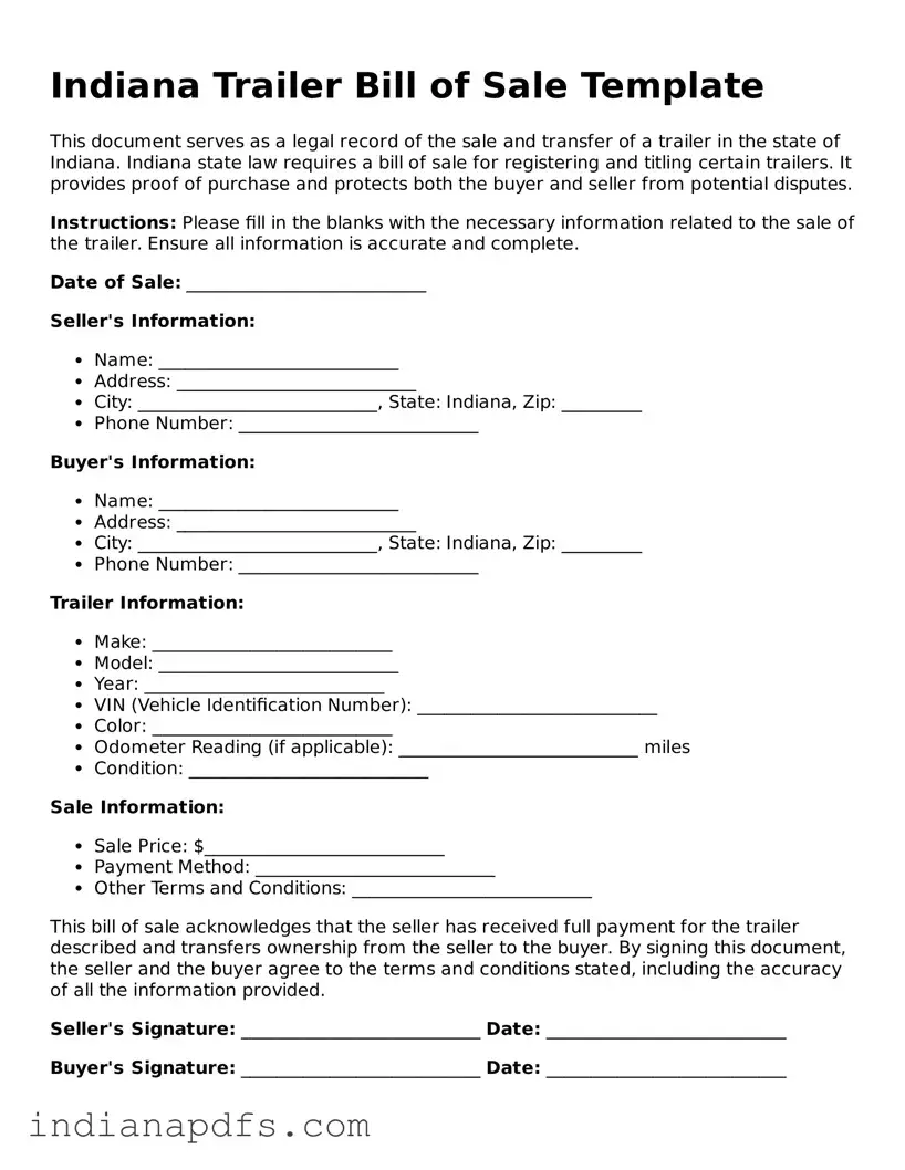 Printable  Trailer Bill of Sale Document for Indiana