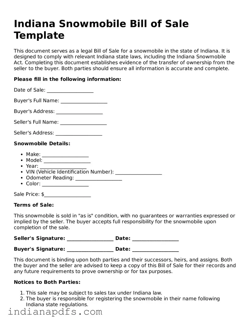 Printable  Snowmobile Bill of Sale Document for Indiana