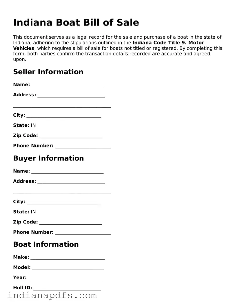 Printable  Boat Bill of Sale Document for Indiana