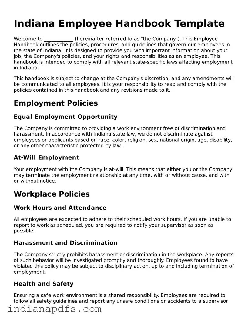 Printable  Employee Handbook Document for Indiana