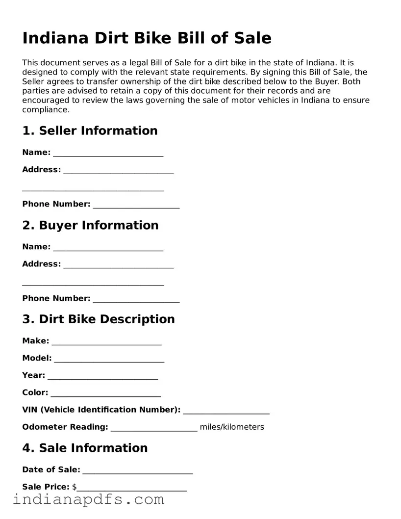Printable  Dirt Bike Bill of Sale Document for Indiana