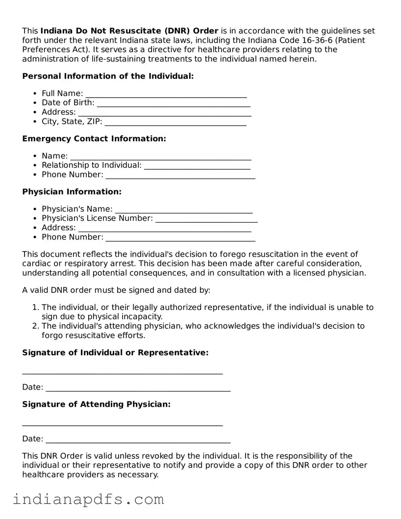 Printable  Do Not Resuscitate Order Document for Indiana