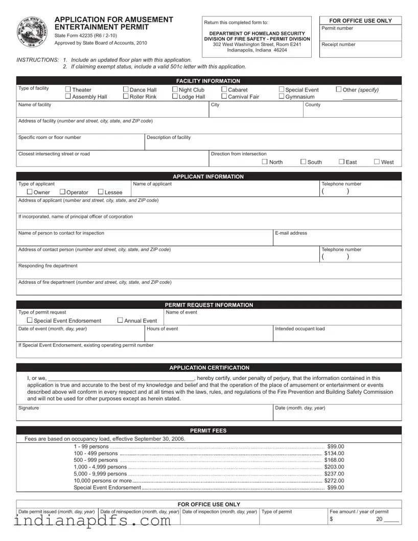 Blank Indiana Entertainment Permit PDF Template