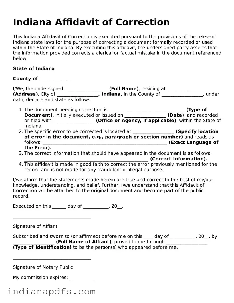 Printable  Affidavit of Correction Document for Indiana