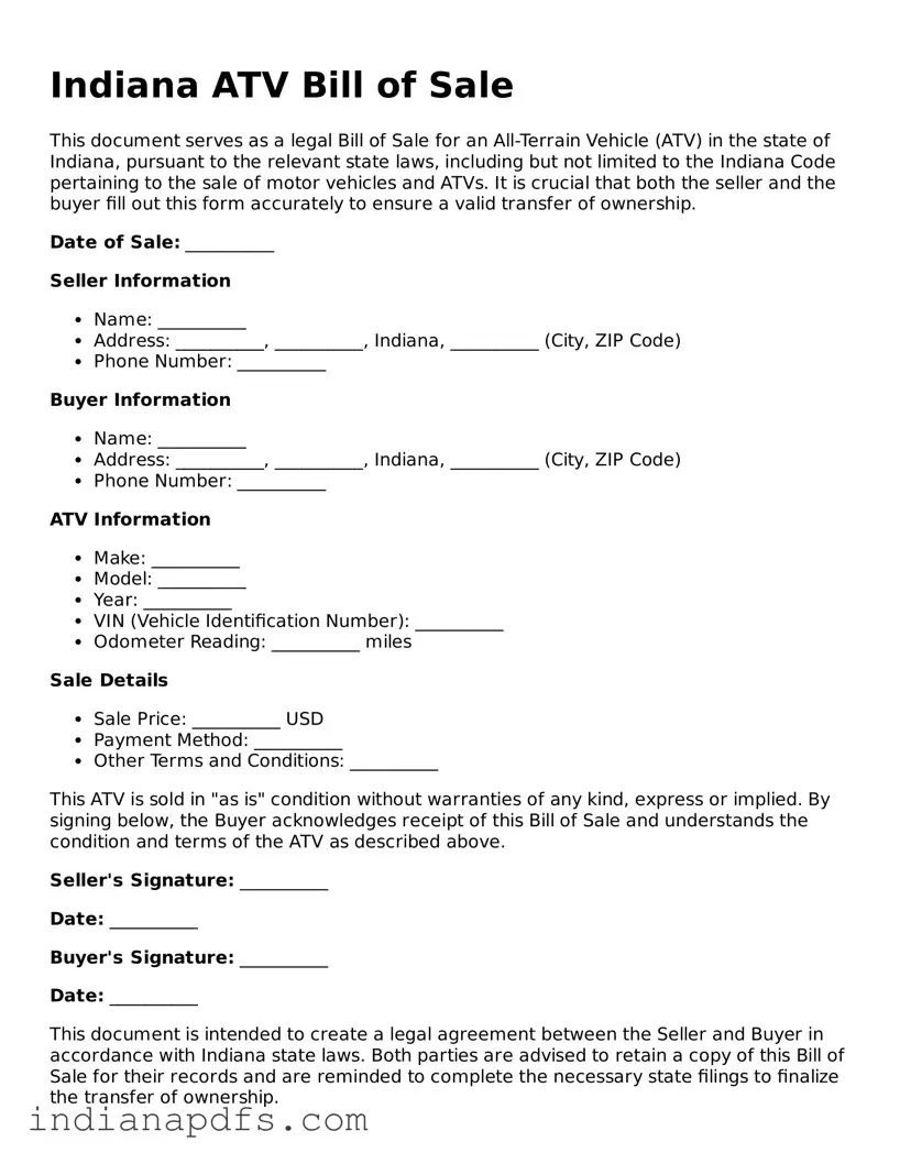 Printable  ATV Bill of Sale Document for Indiana