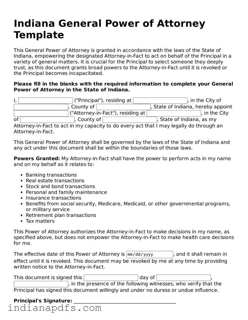 Printable  General Power of Attorney Document for Indiana