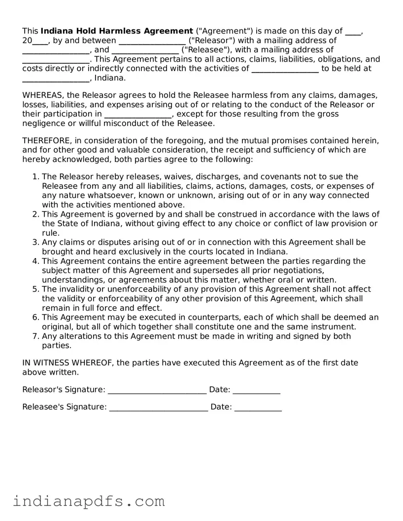 Printable  Hold Harmless Agreement Document for Indiana