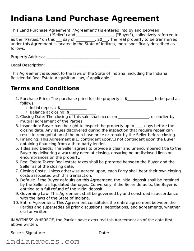 Printable  Land Purchase Agreement Document for Indiana