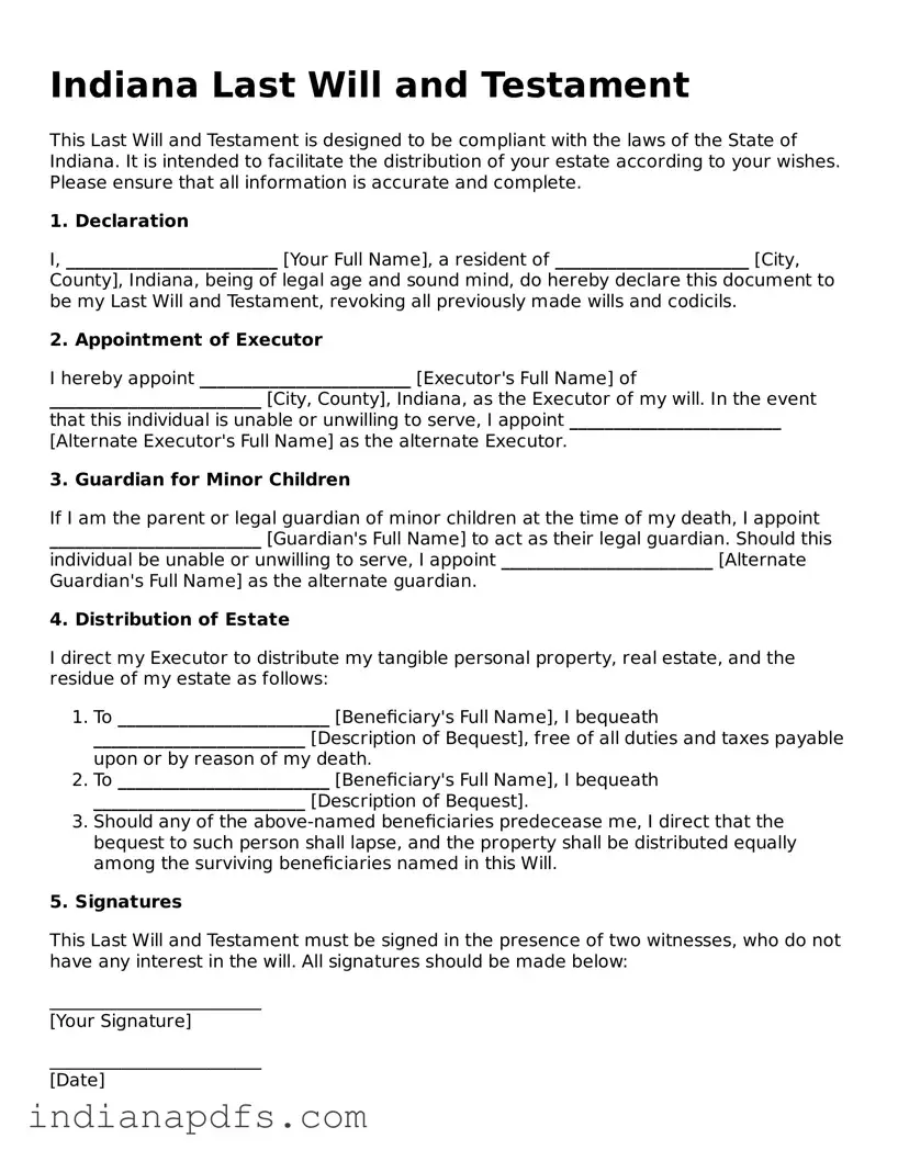 Printable  Last Will and Testament Document for Indiana