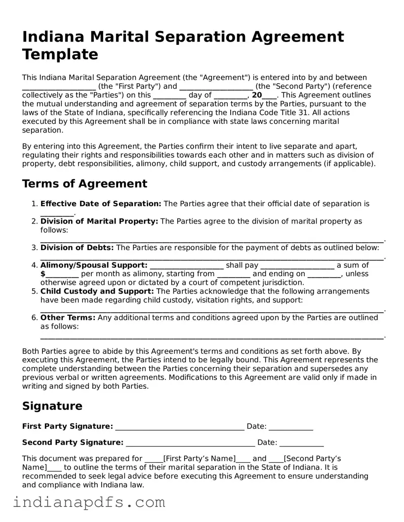 Printable  Marital Separation Agreement Document for Indiana