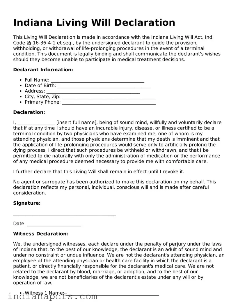 Printable  Living Will Document for Indiana