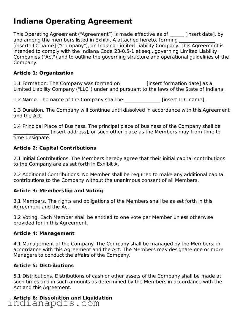 Printable  Operating Agreement Document for Indiana