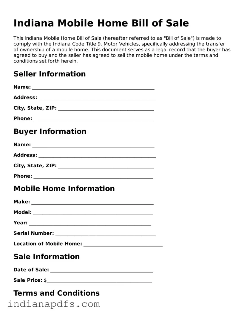 Printable  Mobile Home Bill of Sale Document for Indiana