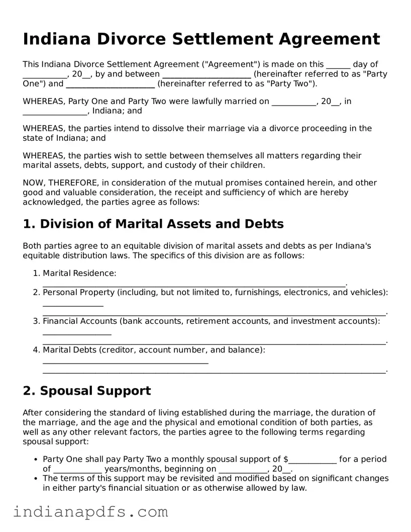 Printable  Divorce Settlement Agreement Document for Indiana