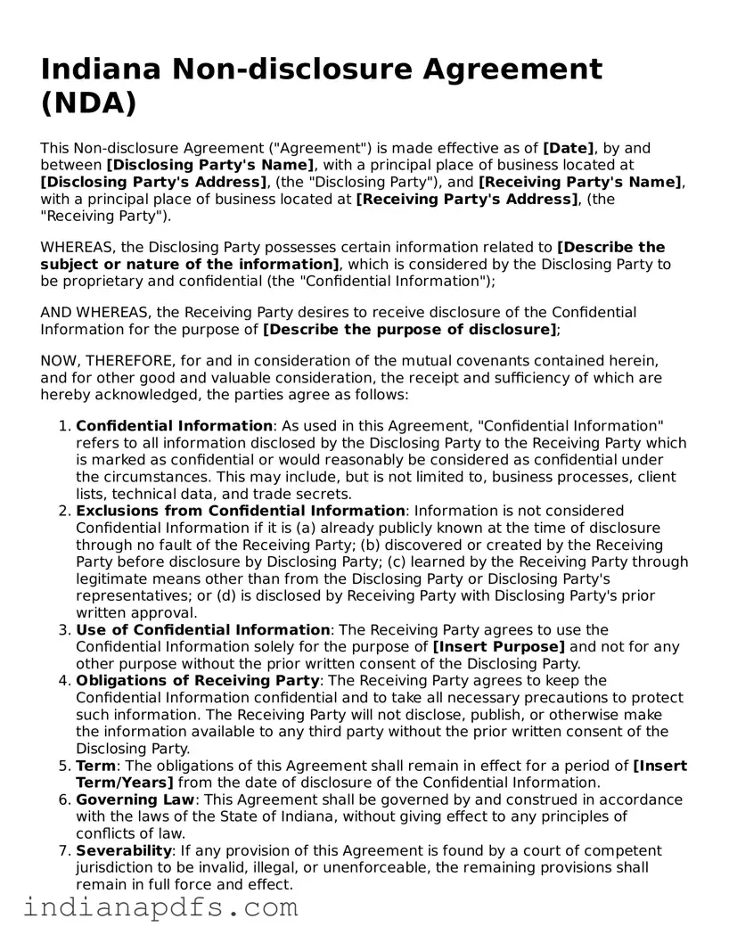 Printable  Non-disclosure Agreement Document for Indiana