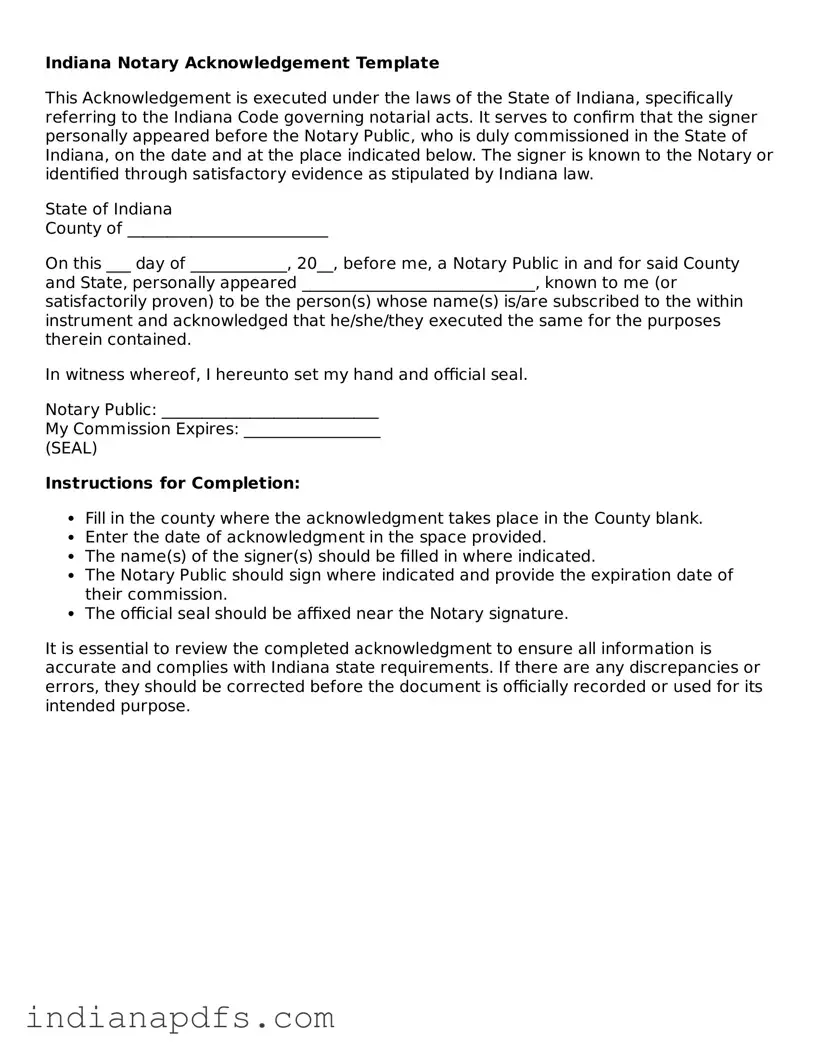 Printable  Notary Acknowledgement Document for Indiana