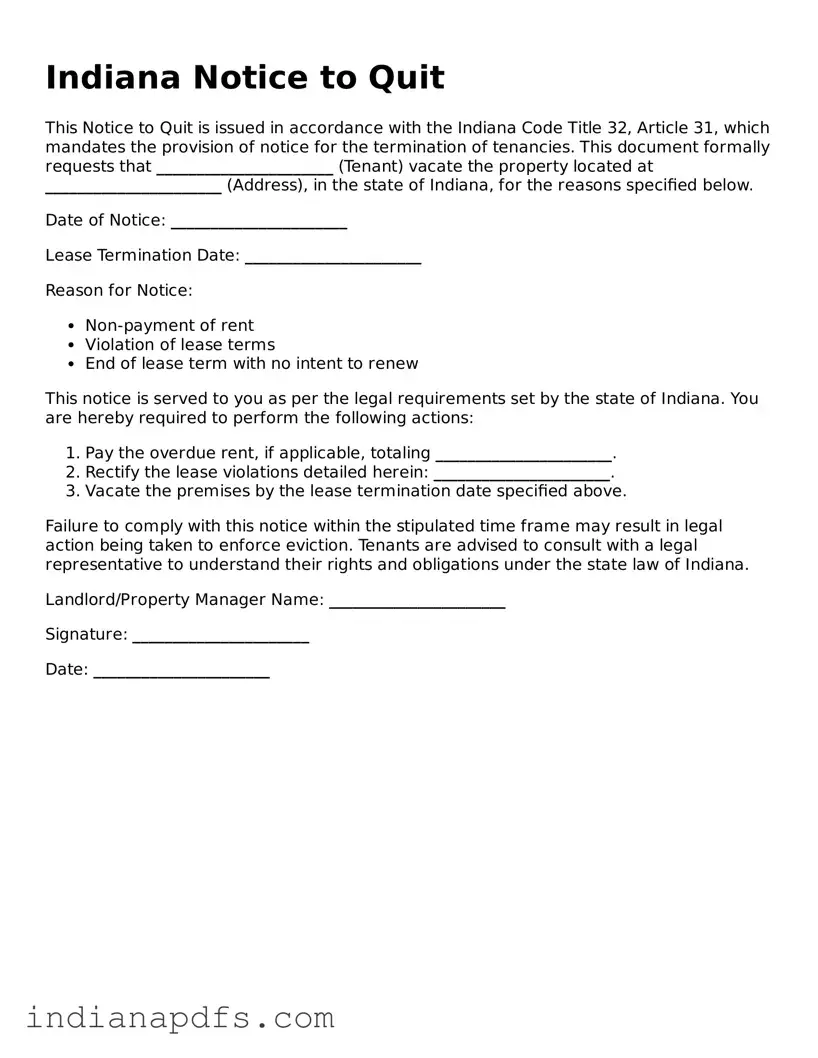 Printable  Notice to Quit Document for Indiana