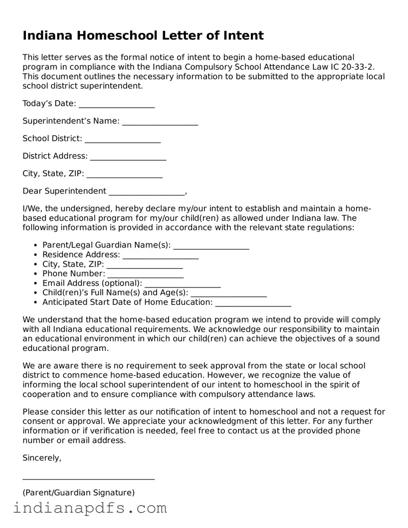 Printable  Homeschool Letter of Intent Document for Indiana