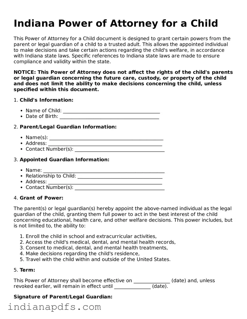 Printable  Power of Attorney for a Child Document for Indiana