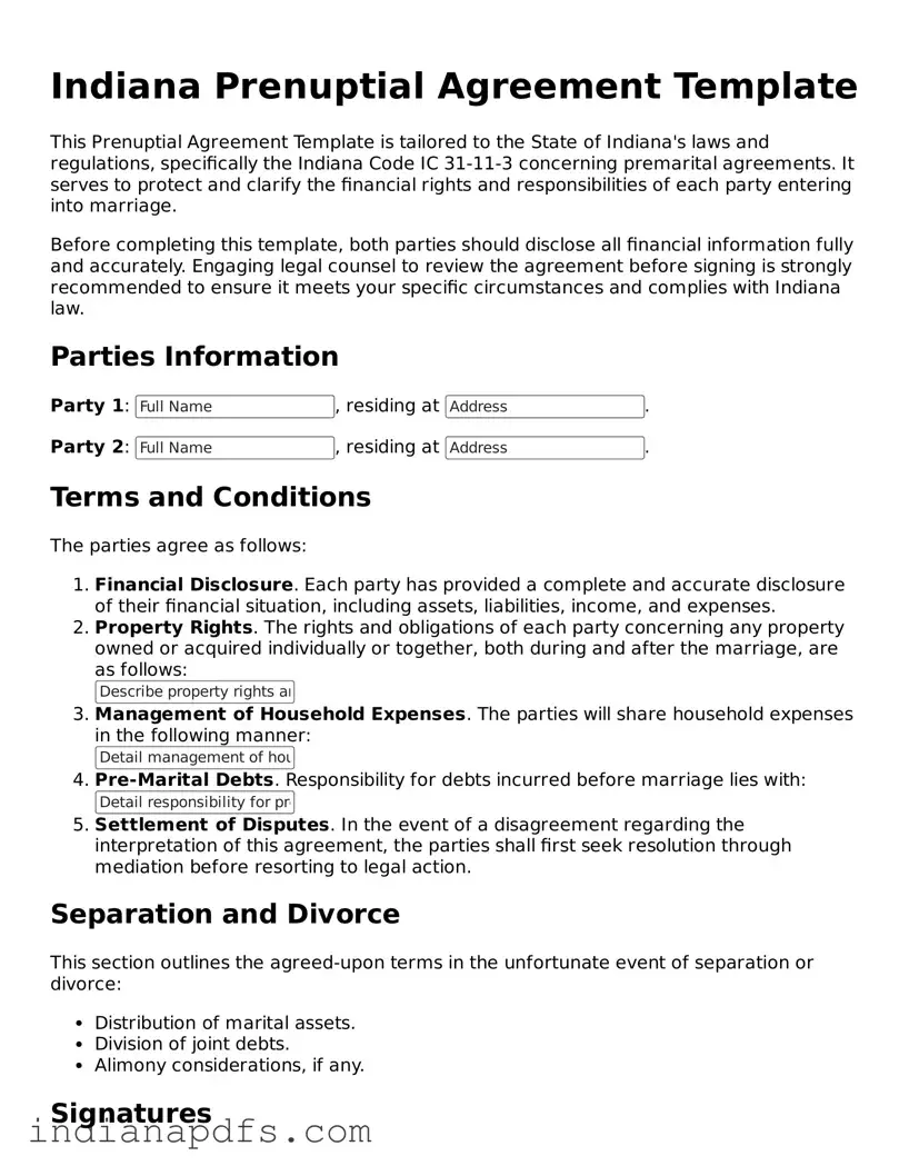 Printable  Prenuptial Agreement Document for Indiana