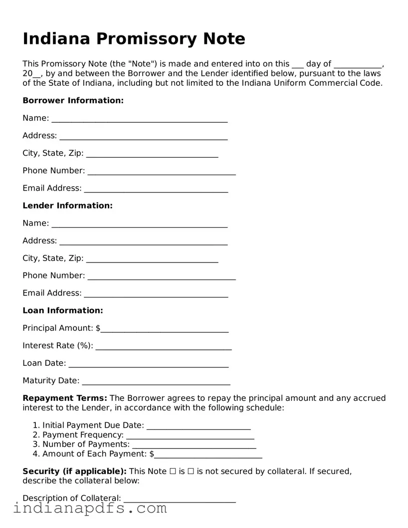 Printable  Promissory Note Document for Indiana