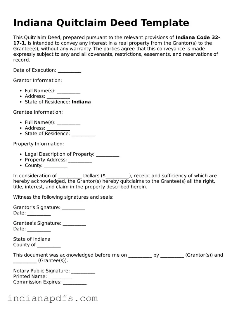 Printable  Quitclaim Deed Document for Indiana
