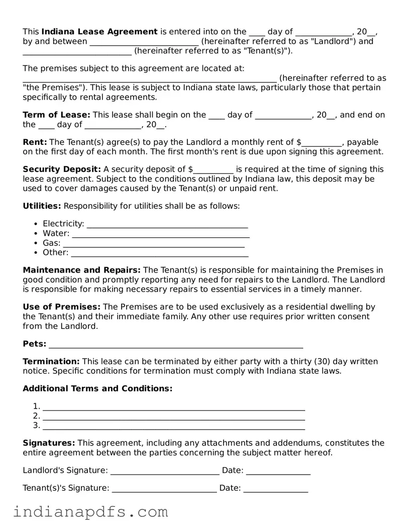 Printable  Lease Agreement Document for Indiana