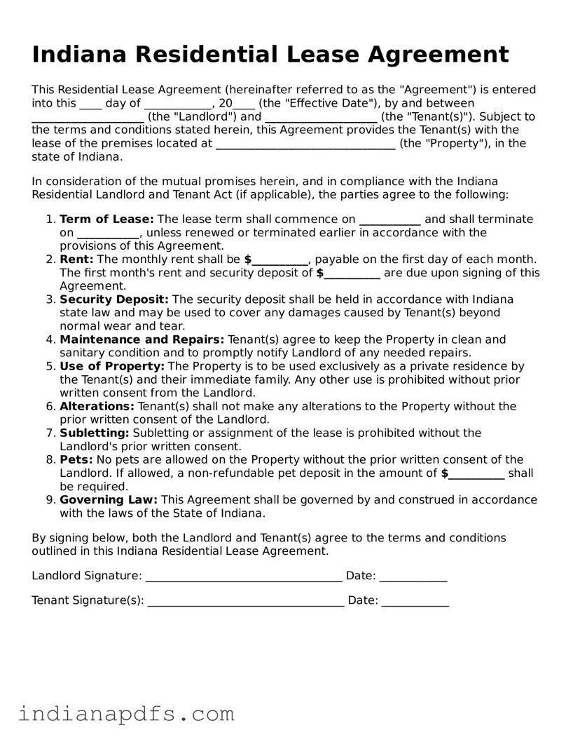Printable  Residential Lease Agreement Document for Indiana