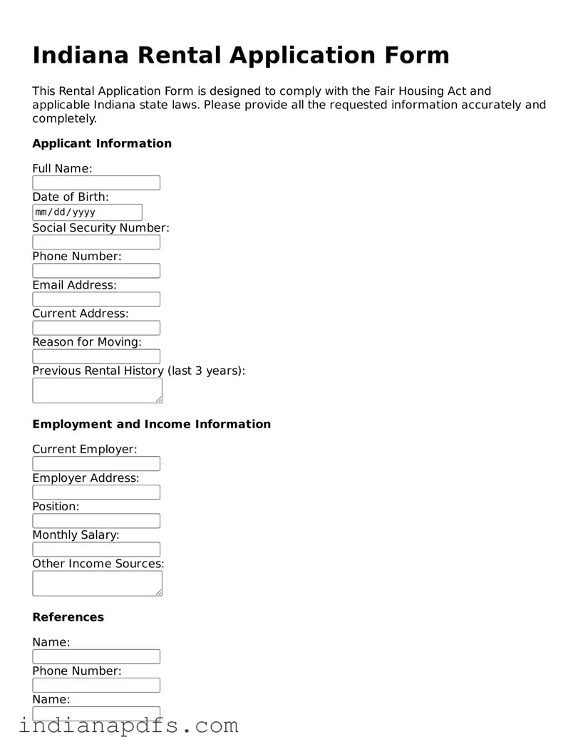 Printable  Rental Application Document for Indiana