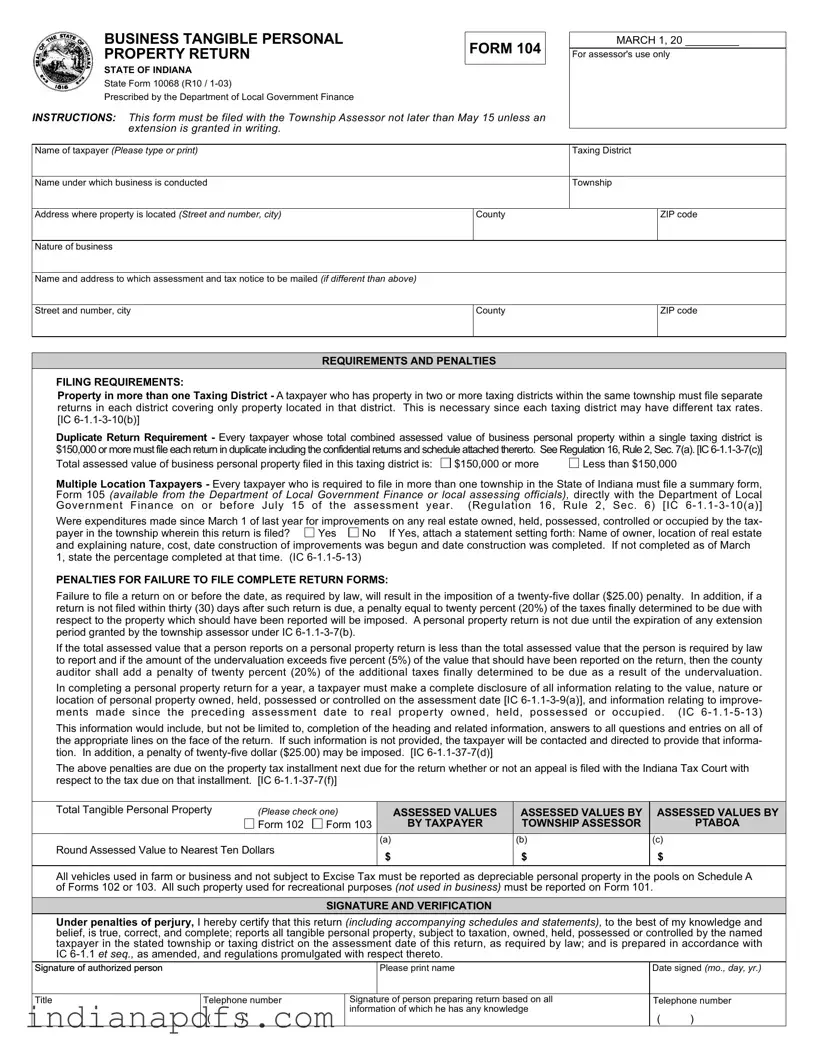 Blank Indiana State 104 PDF Template