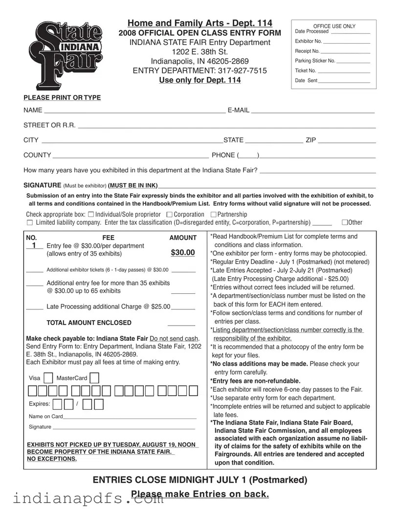 Blank Indiana State Fair Entry PDF Template