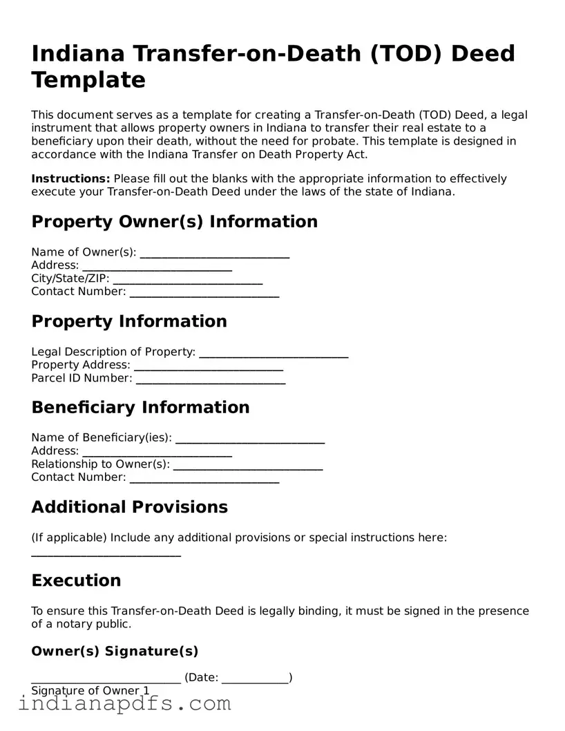 Printable  Transfer-on-Death Deed Document for Indiana