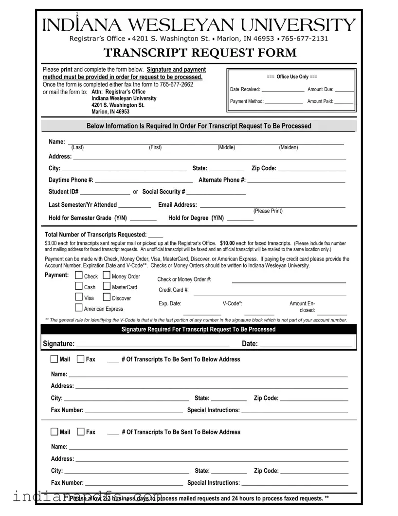 Blank Indiana Transcript Request PDF Template