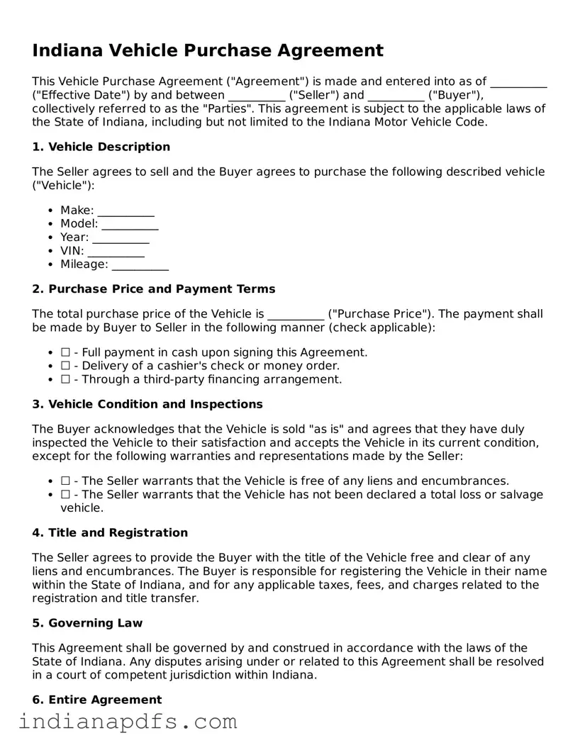 Printable  Vehicle Purchase Agreement Document for Indiana