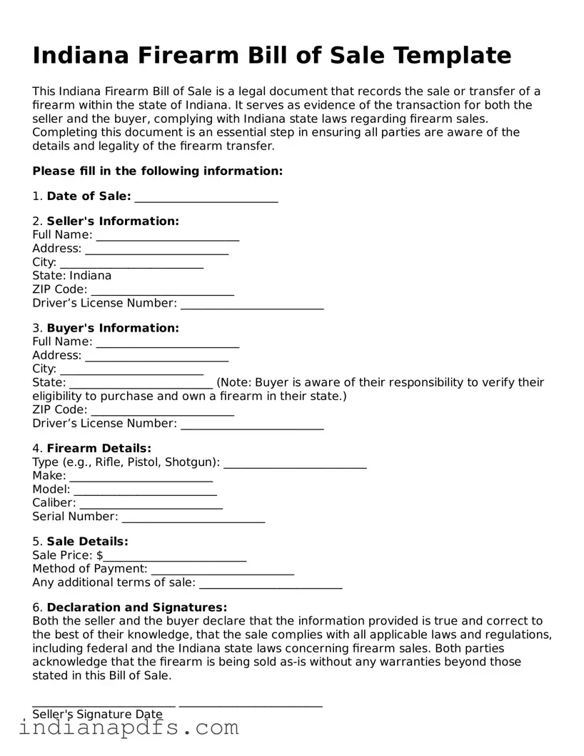 Printable  Firearm Bill of Sale Document for Indiana