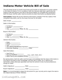 Printable  Motor Vehicle Bill of Sale Document for Indiana