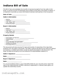 Printable  Bill of Sale Document for Indiana
