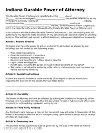 Printable  Durable Power of Attorney Document for Indiana