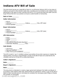 Printable  ATV Bill of Sale Document for Indiana
