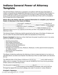 Printable  General Power of Attorney Document for Indiana