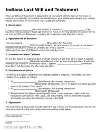 Printable  Last Will and Testament Document for Indiana