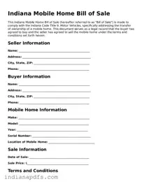 Printable  Mobile Home Bill of Sale Document for Indiana