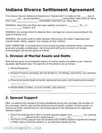 Printable  Divorce Settlement Agreement Document for Indiana